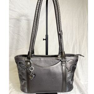 ✨ Elegant Metallic Gray Shoulder Purse with Braided Handles & and Heart Charm